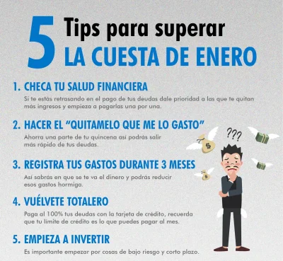 5 tips para superar la cuesta de enero: revisar deudas, ahorrar, registrar gastos, pagar tarjetas al 100% y comenzar a invertir de forma inteligente.