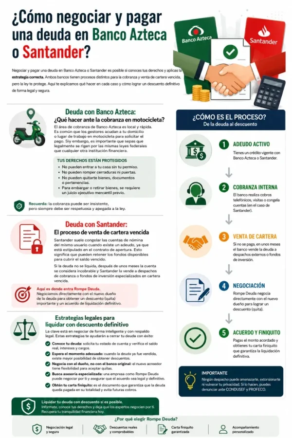 Infografía sobre cómo negociar y pagar deudas de tarjetas de crédito con Banco Azteca y Santander en México